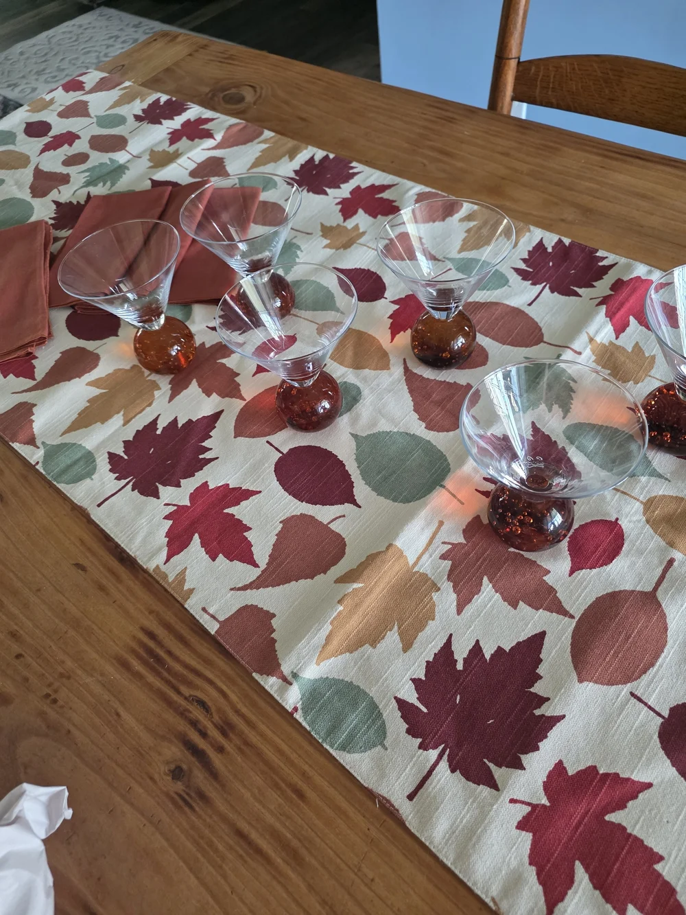 Leaf Pattern Table Runner in Cream with Red, Green & Tan Accents